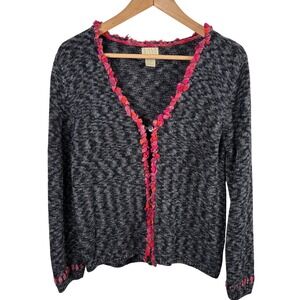 Sigrid Olsen Sport Cardigan Sweater Ruffle Trim Gray Pink Women's M Cottagecore